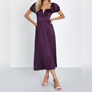 Lulus Flawless Forever Dark Purple Satin Pleated Midi Dress